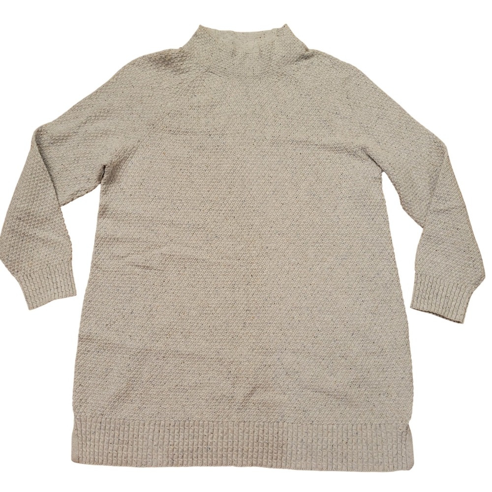 Lands End M Sweater Gray Speckle Mock Neck Cotton Textured Knit Granola Earthy